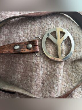 Vintage Brown Tooled Leather Peace Sign Belt 36 Artec belt